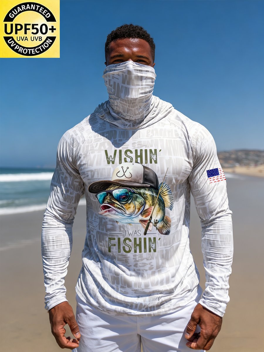 Men's Outdoor Sun Protection Breathable Cool Face Mask Hooded Printed Long-Sleeved Top