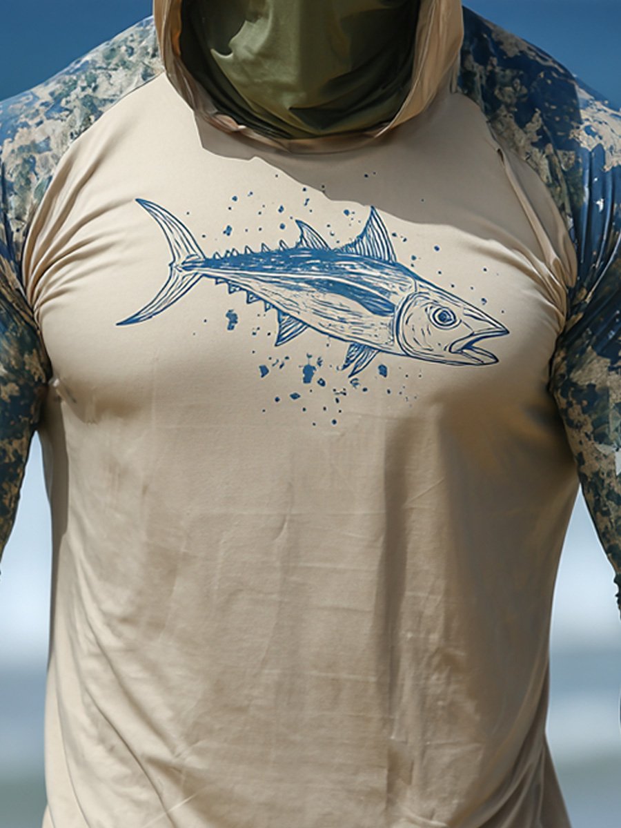 Men's Outdoor Sun Protection Breathable Cool Face Mask Hooded Printed Long-Sleeved Top