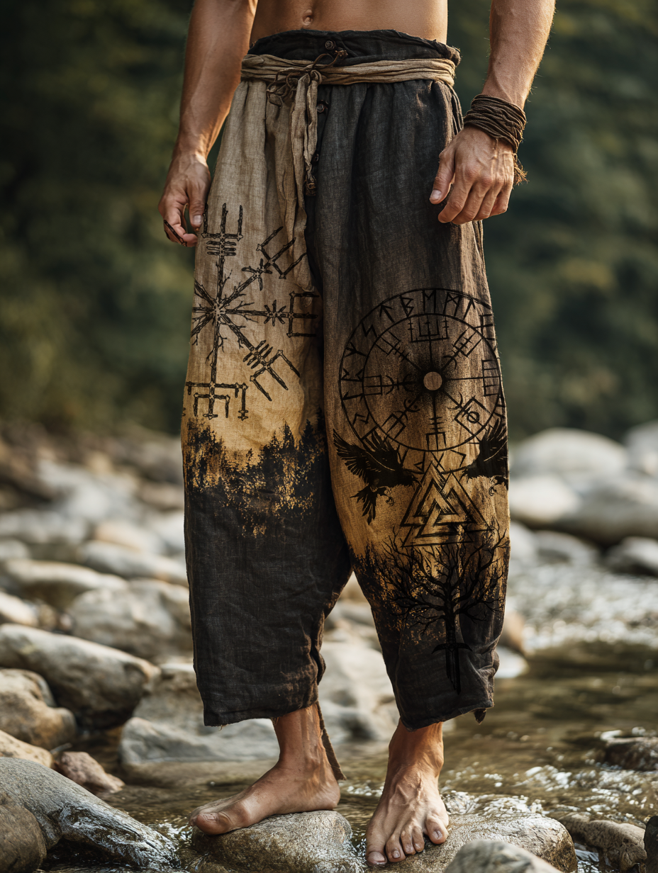 Men's Viking Yggdrasill Gradient Tribal Totem Nordic Casual Linen Pants