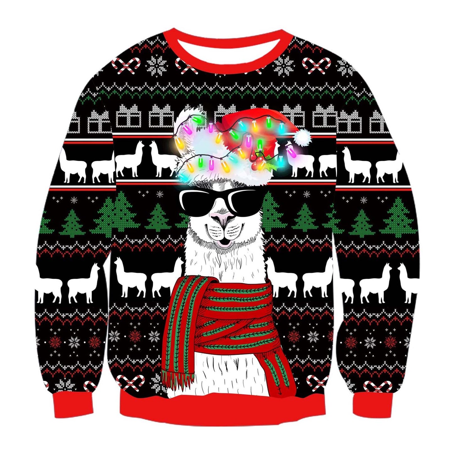 Unisex Bulbs Llama With Glasses Print Crew Neck Ugly Christmas Sweatshirt