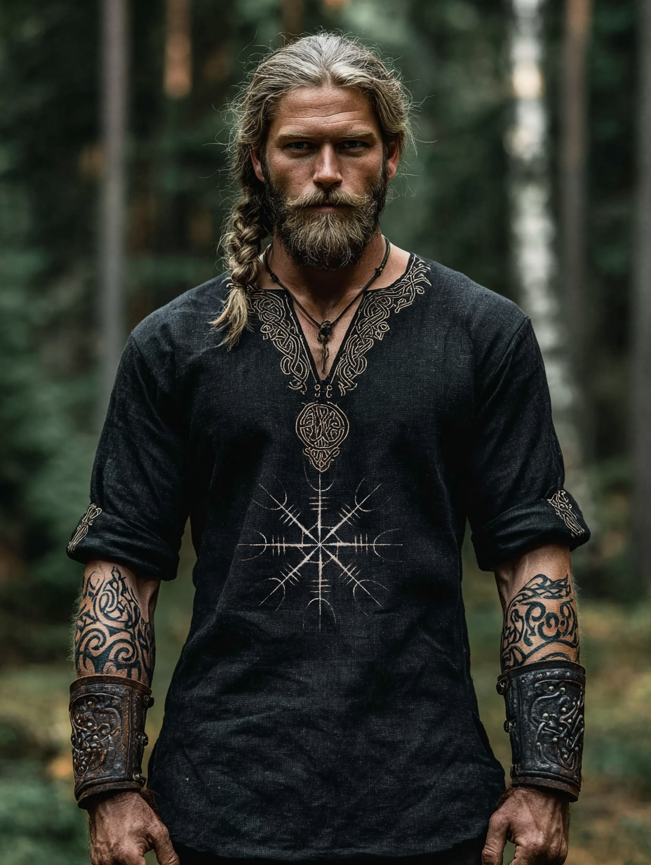 Men's Viking Style Vintage Rune Totem Long-Sleeve Linen T-shirt