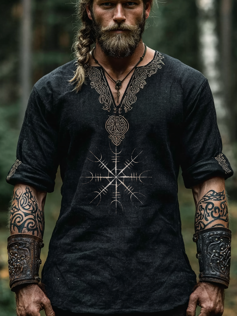 Men's Viking Style Vintage Rune Totem Long-Sleeve Linen T-shirt