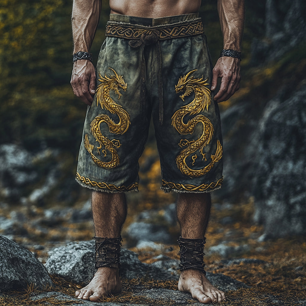Men's Viking Rune Golden Dragon In Celtic Knot Print Sports Shorts