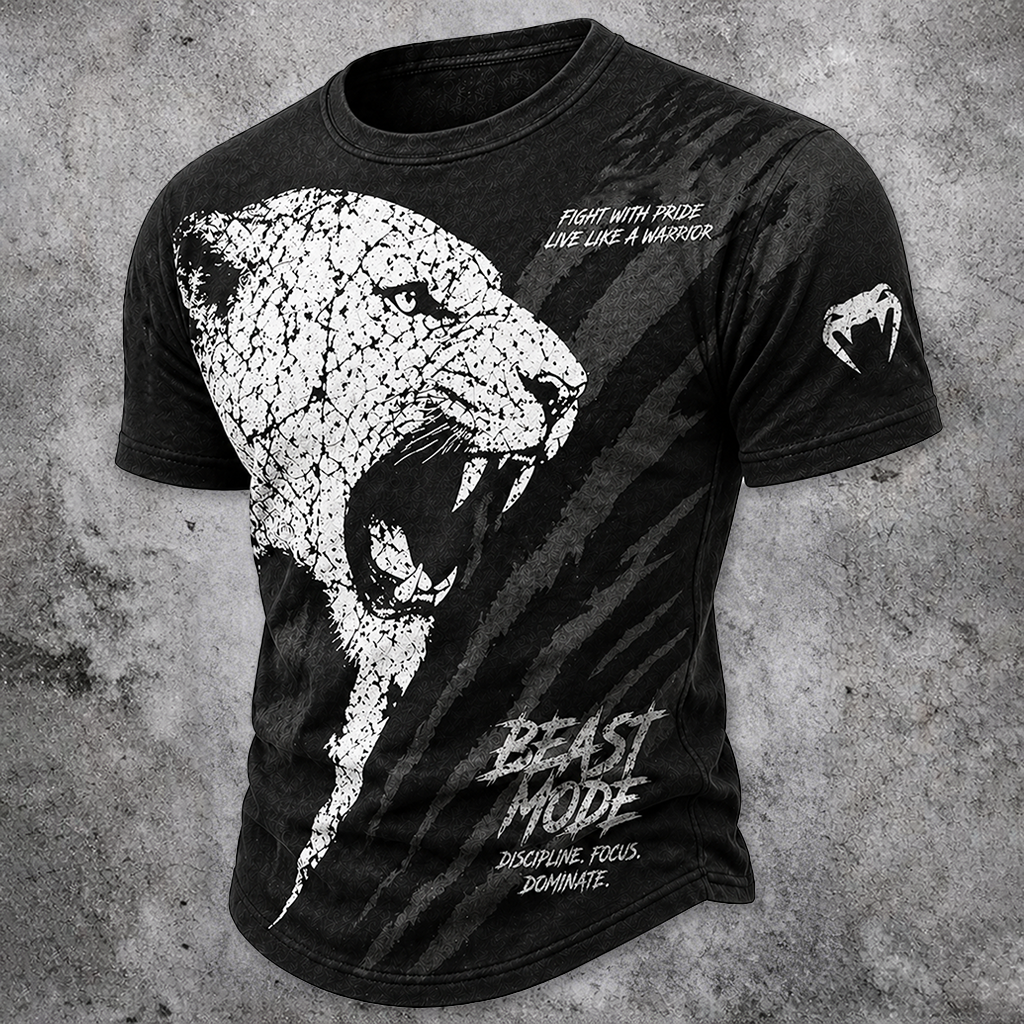 Men's 'Beast Mode' Roaring Big Cat Graphic T-Shirt - Distressed Black Short Sleeve