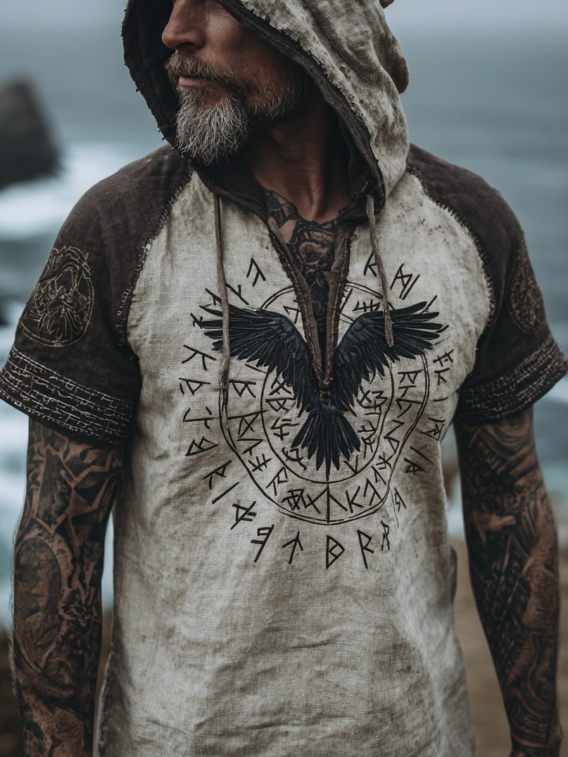 Men's Viking Inspired Raven Totem Vintage Short Sleeve Hoodie