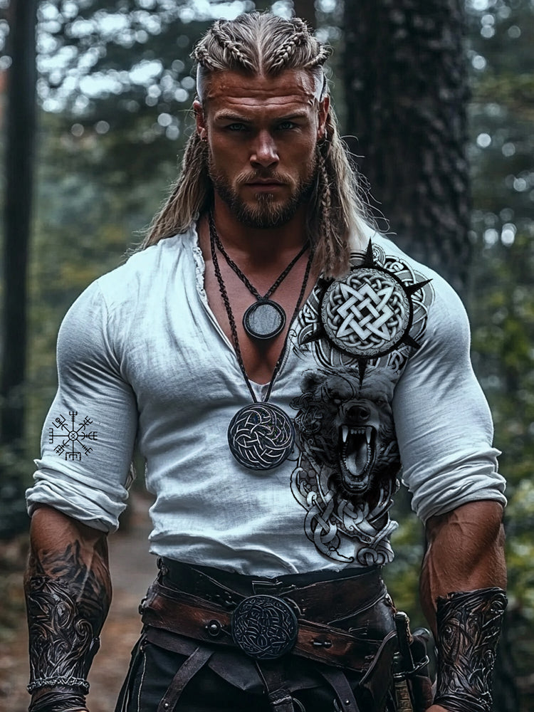 Men's Vintage Viking Lion Rune Print Linen V-neck Shirt