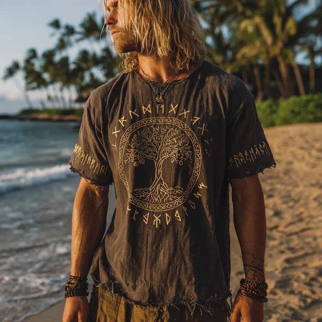 Men's Vintage Viking Distressed Tree Of Life & Rune Design Linen Shirt