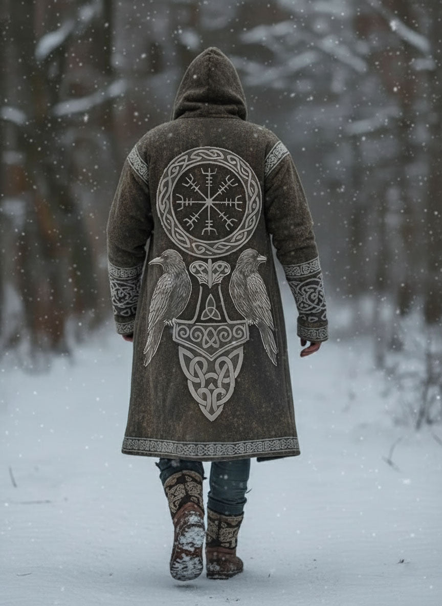 Men's Viking Vintage Totem Crow Printed Hooded Jacket