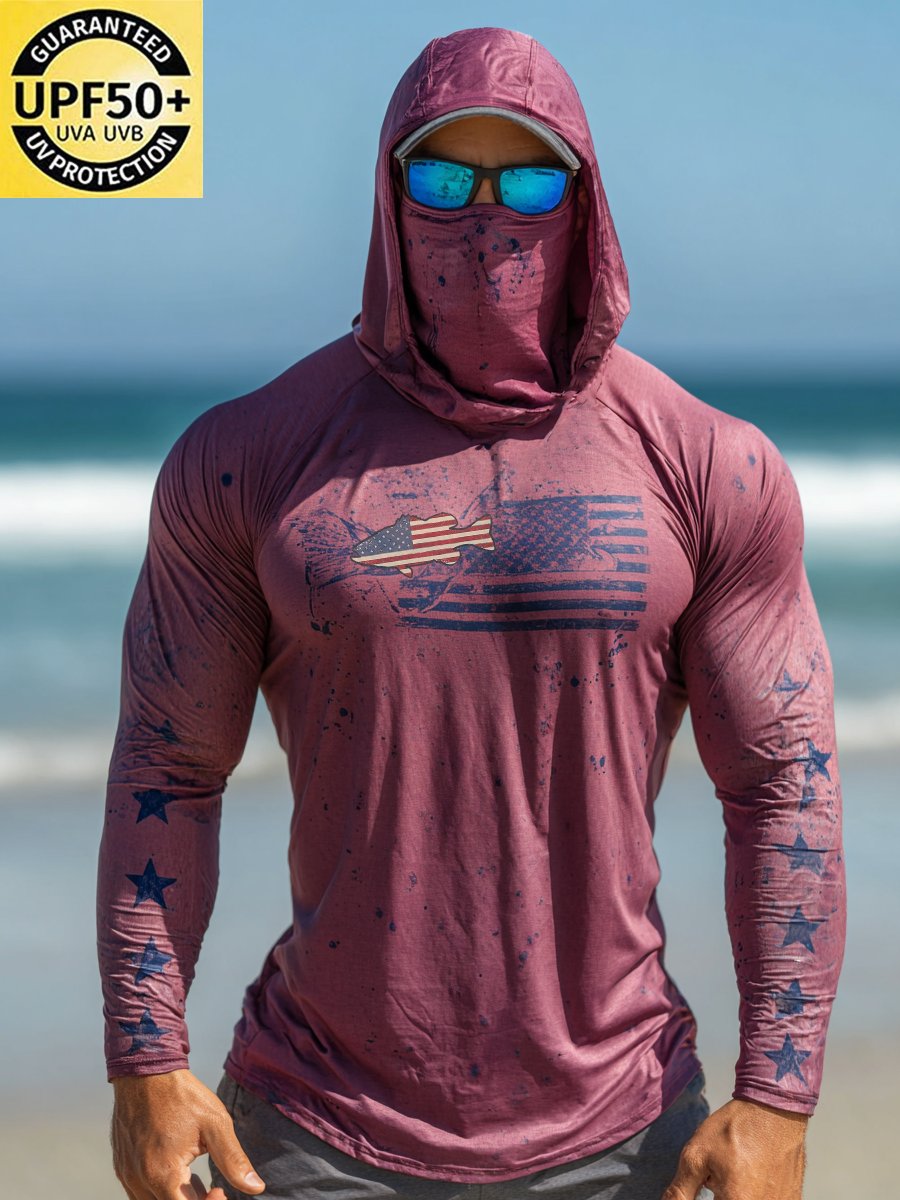 Men's Outdoor Sun Protection Breathable Cool Face Mask Hooded Printed Long-Sleeved Top