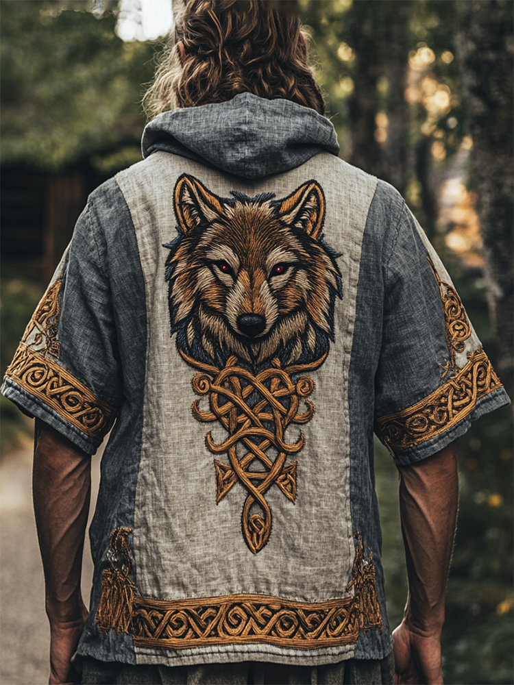 Men's Viking Tribal Print Wolf Print Art Pattern Linen Short Sleeve Hoodie