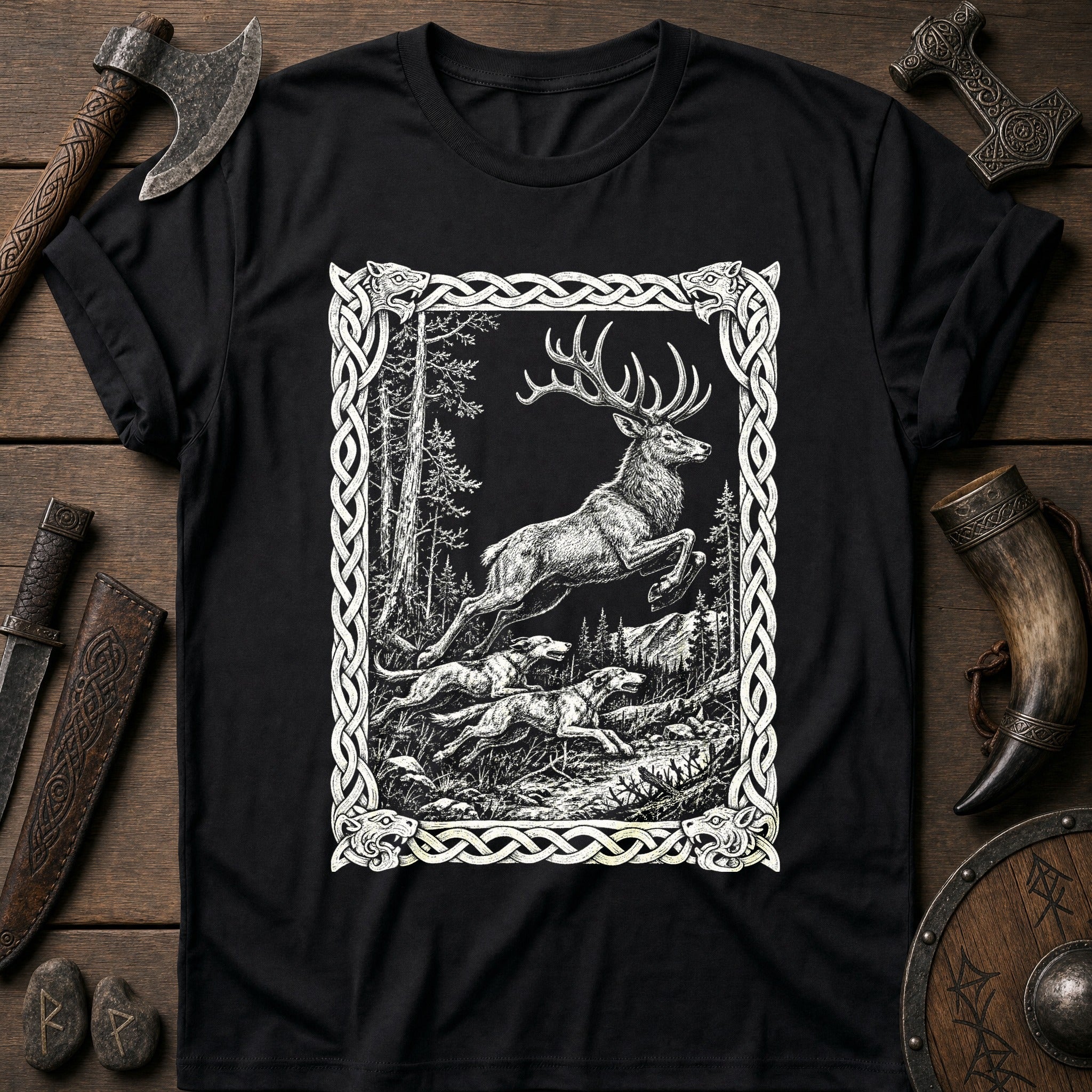 Knotwork Frame Stag Hunt Viking T-Shirt US