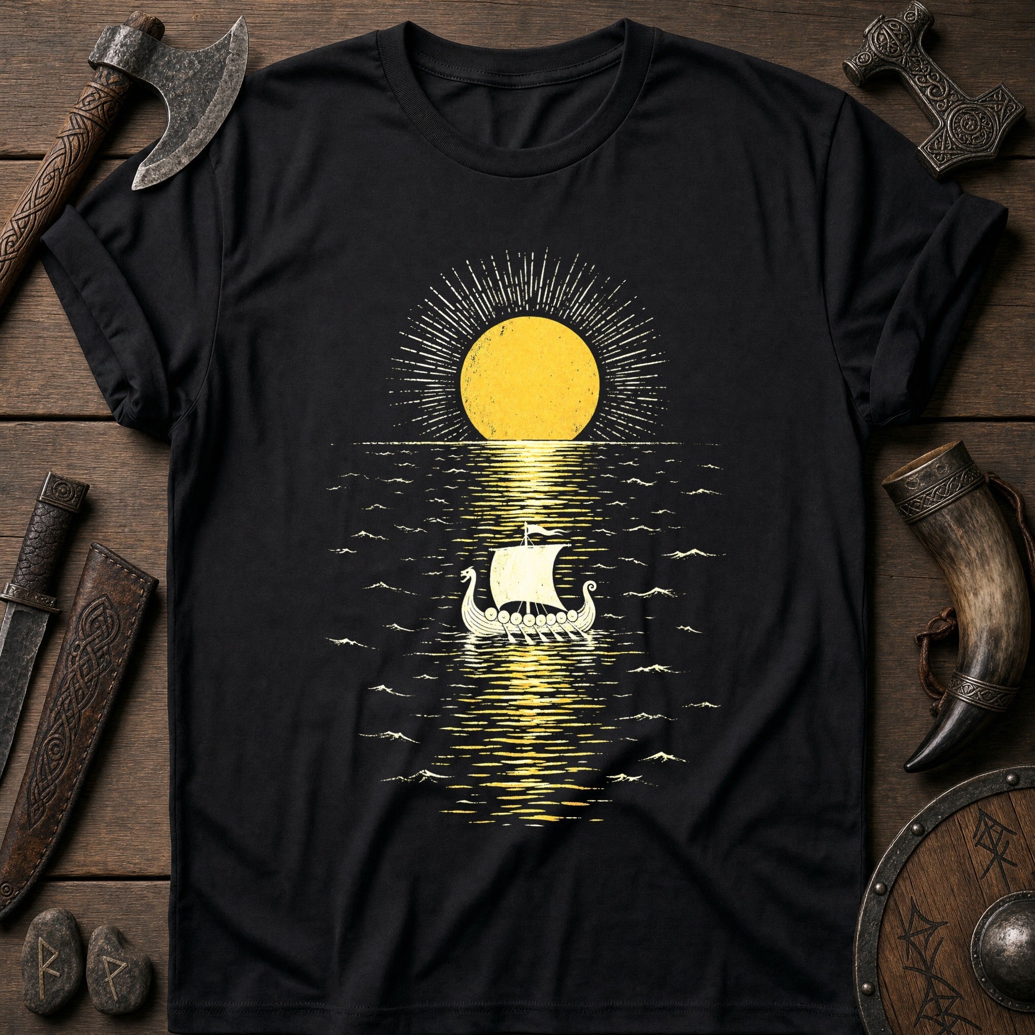 Midnight Sun Mirror Sea Viking T-Shirt US