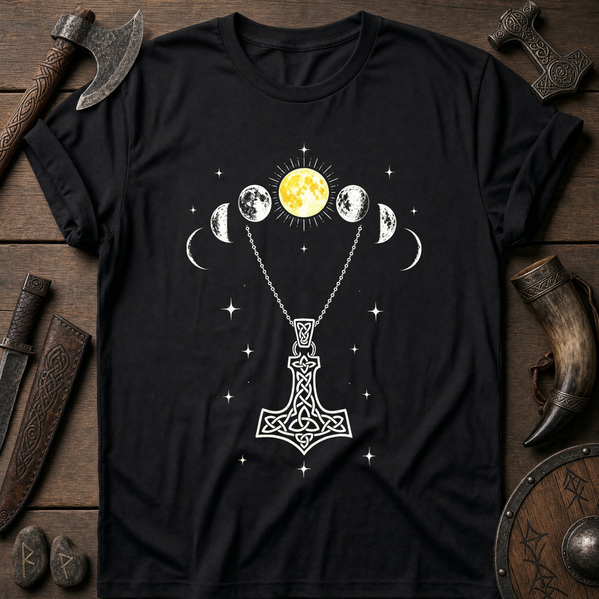 Moon Phases Over Mjolnir Viking T-Shirt US