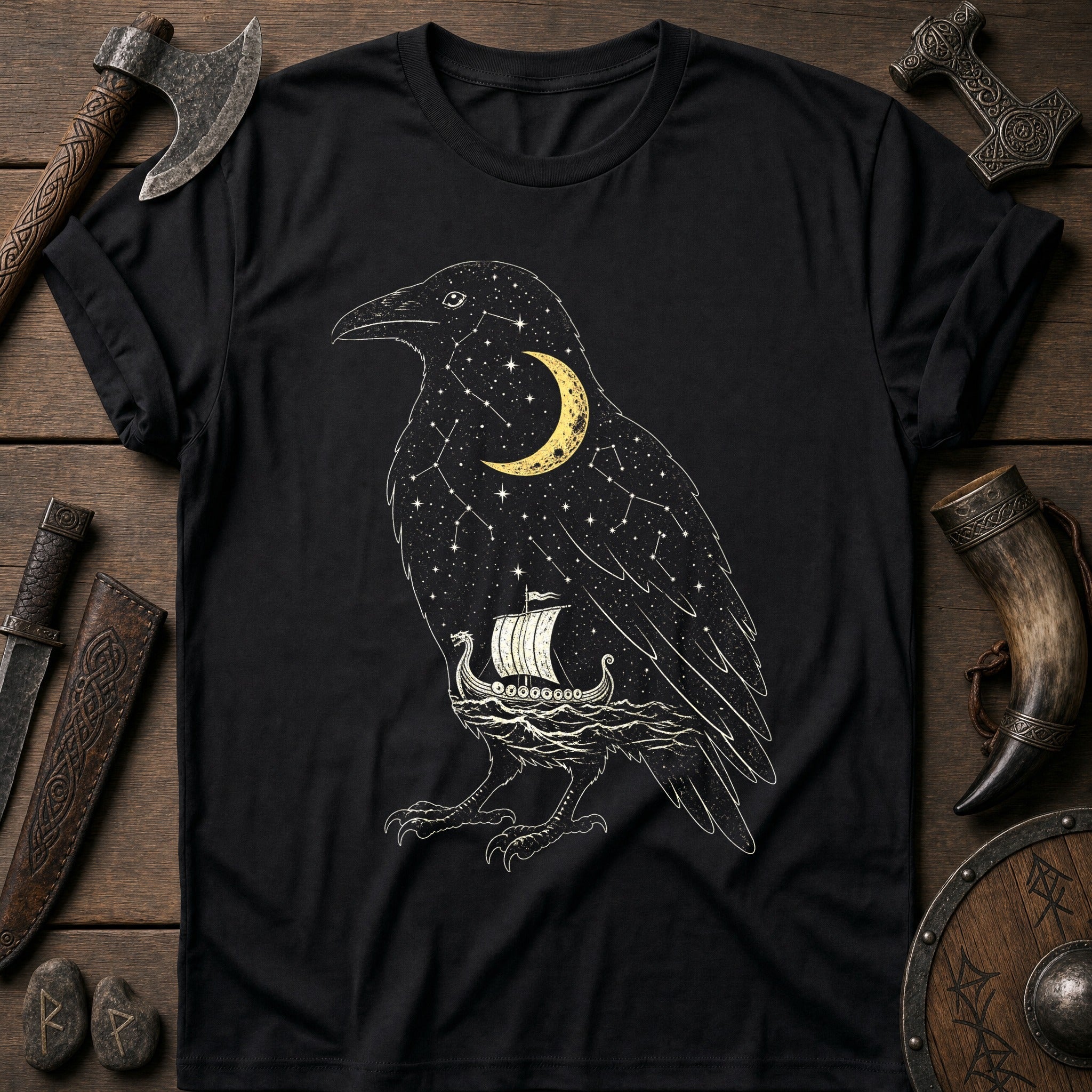 Raven Filled With Night Sky Viking T-Shirt US
