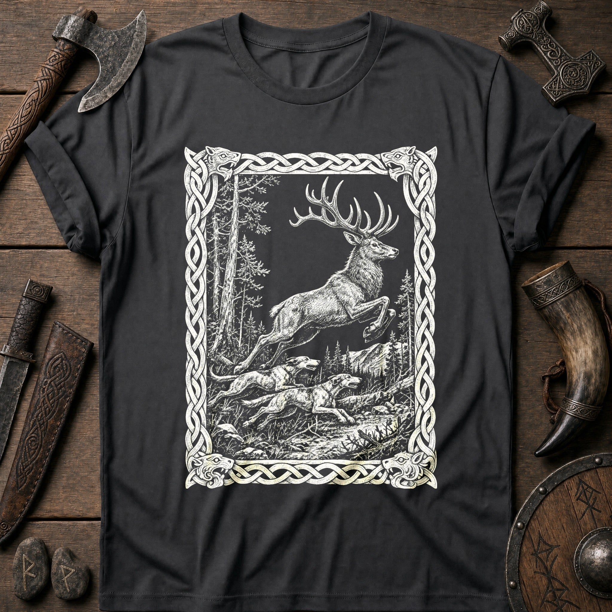 Knotwork Frame Stag Hunt Viking T-Shirt US