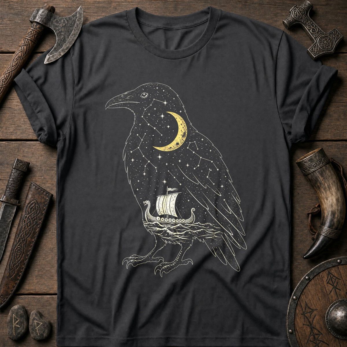 Raven Filled With Night Sky Viking T-Shirt US