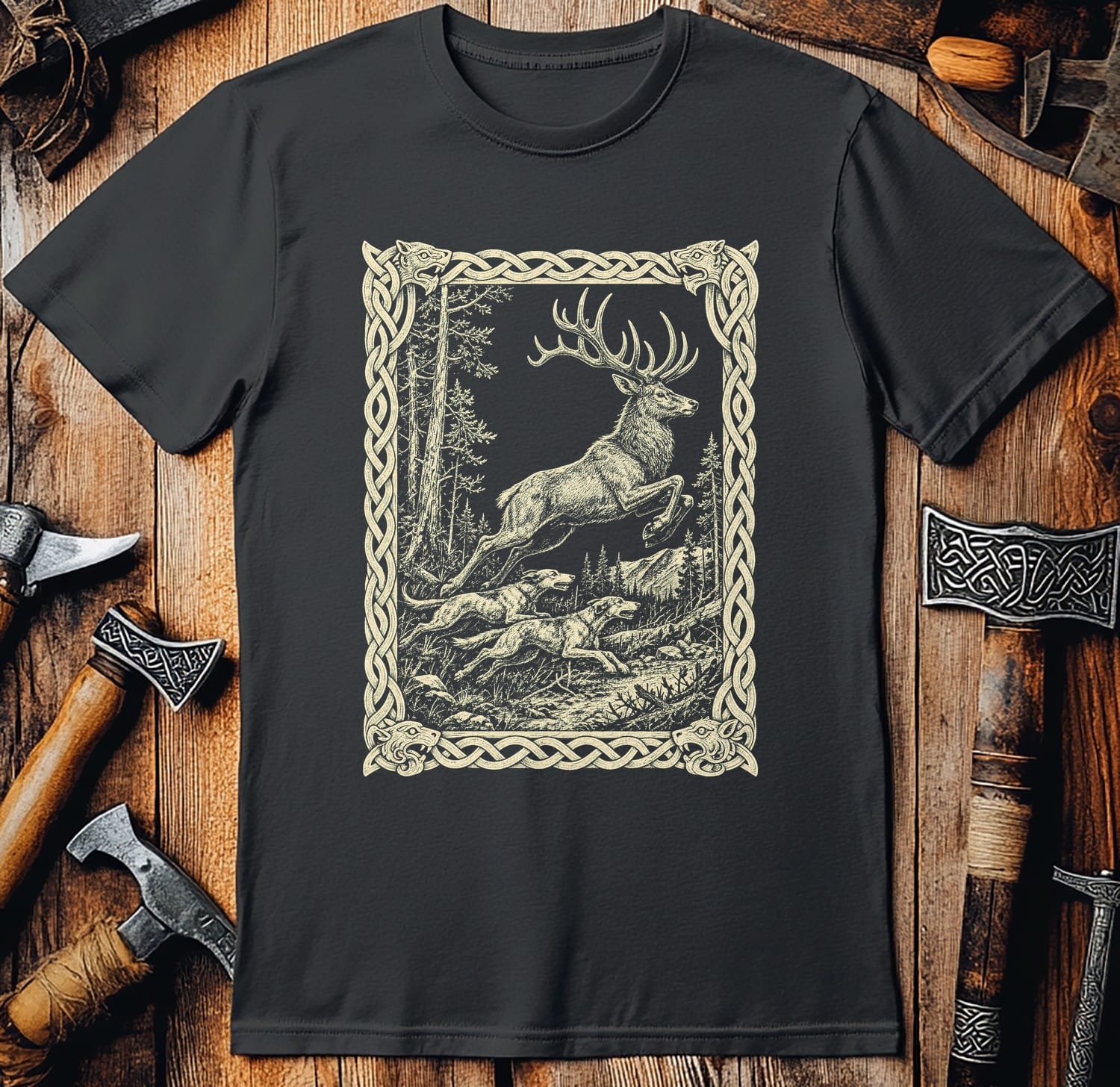 Knotwork Frame Stag Hunt Viking T-Shirt EU