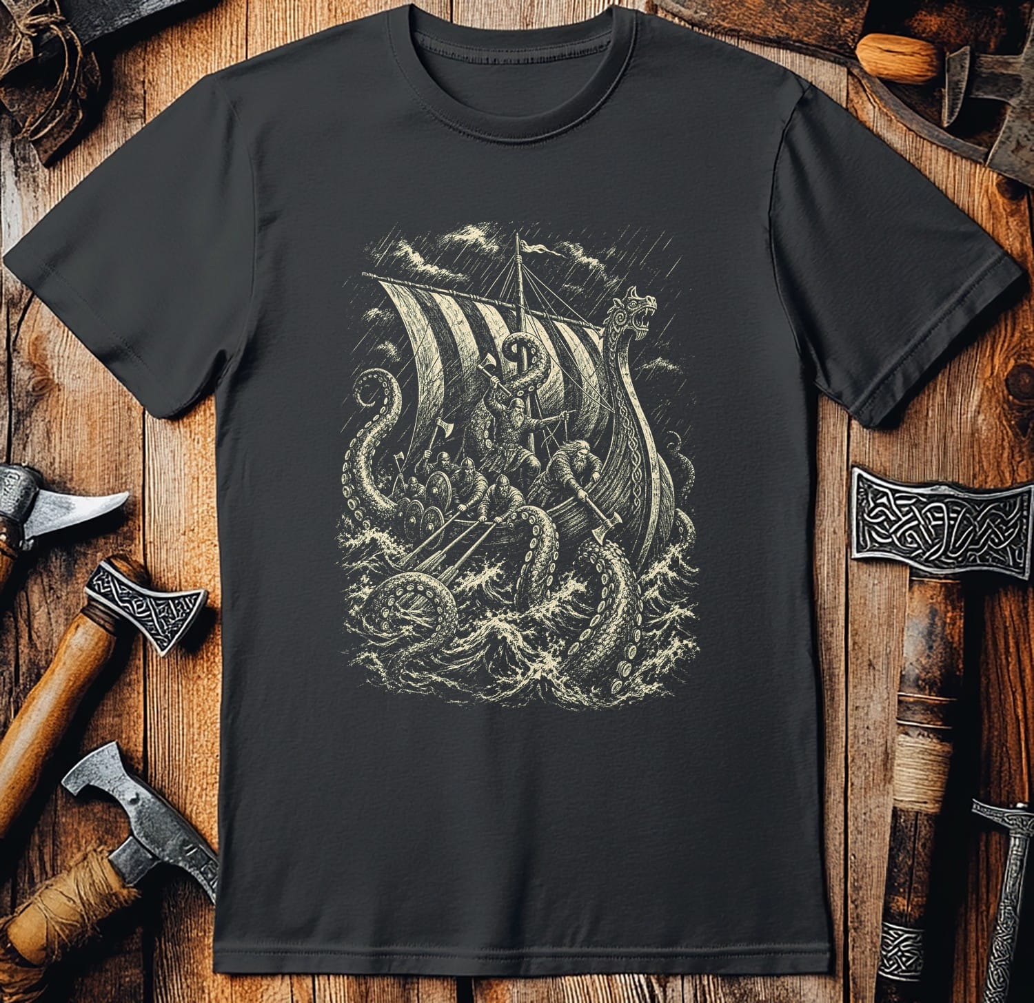Kraken Takes The Longship Viking T-Shirt EU