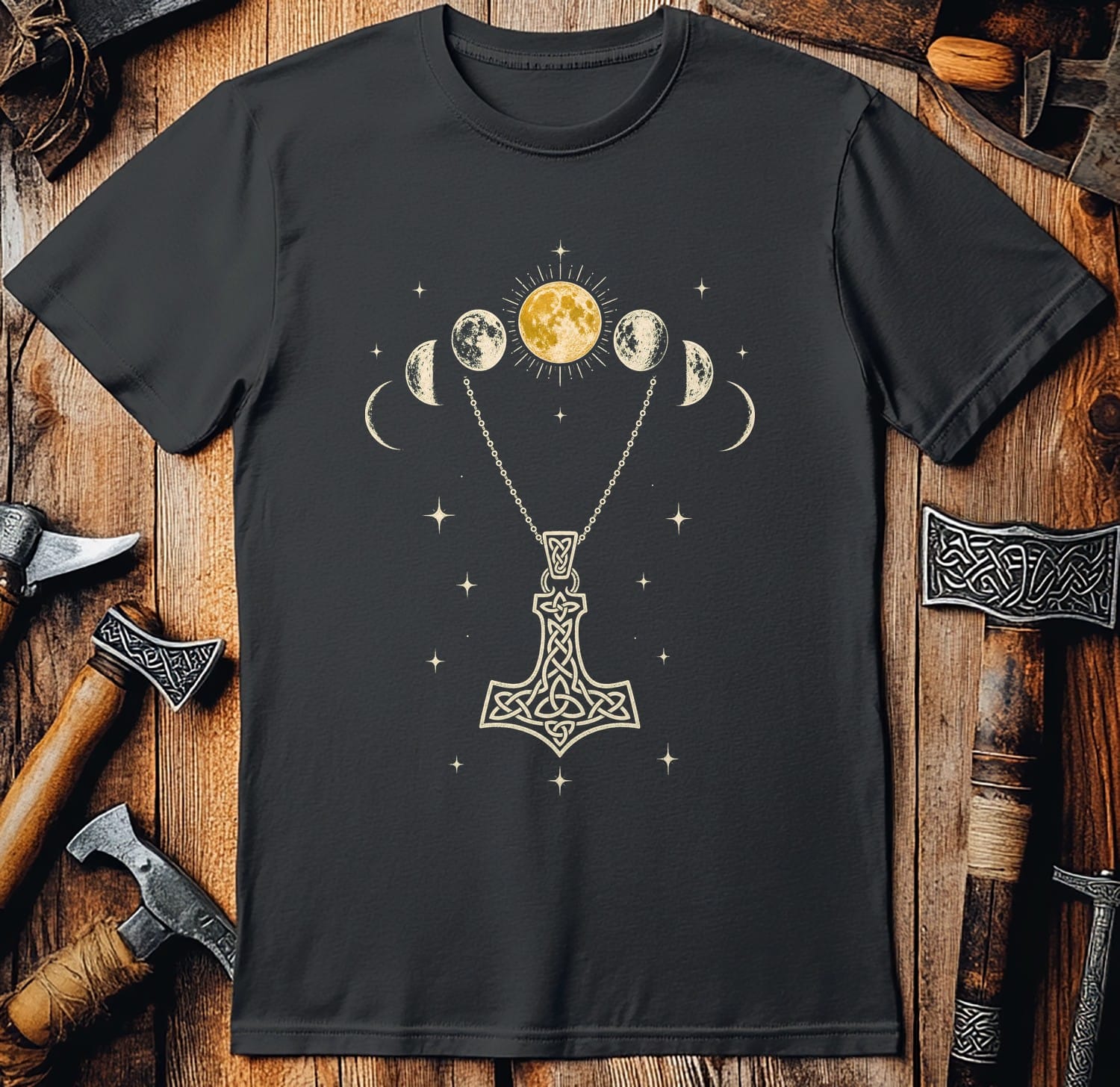 Moon Phases Over Mjolnir Viking T-Shirt EU