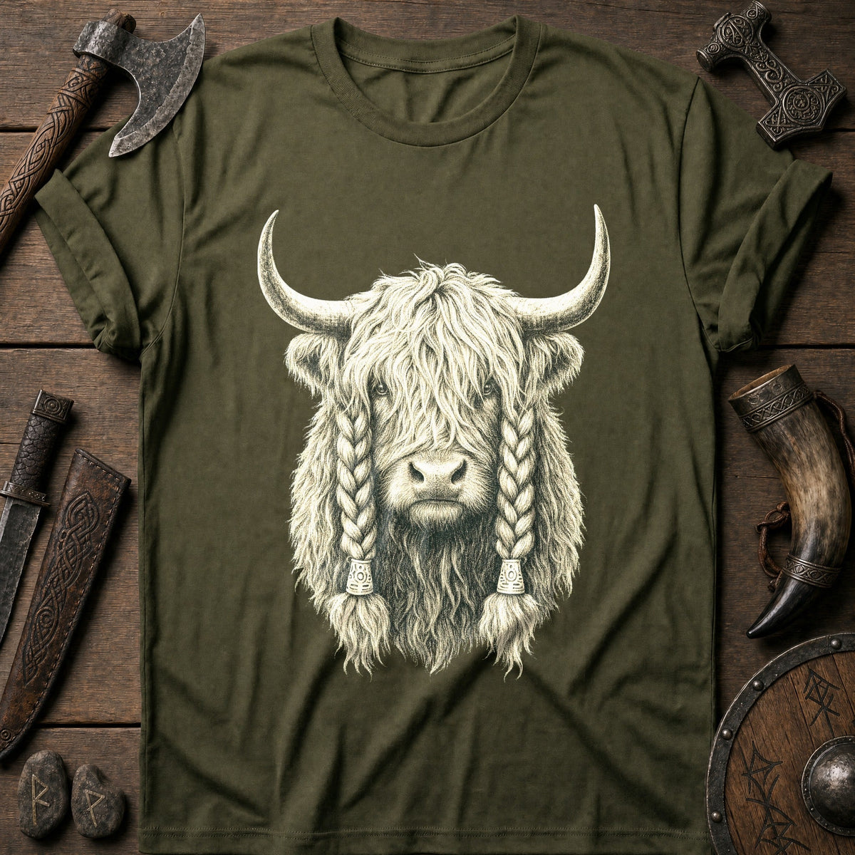 Highland Cow War Braids Viking T-Shirt US