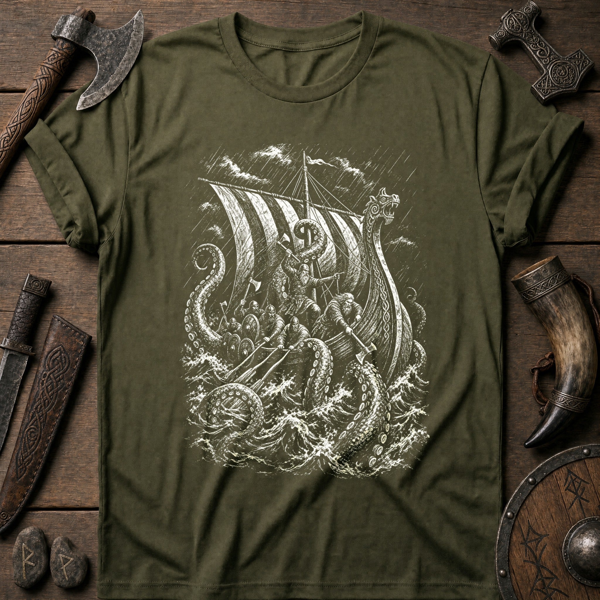 Kraken Takes The Longship Viking T-Shirt US