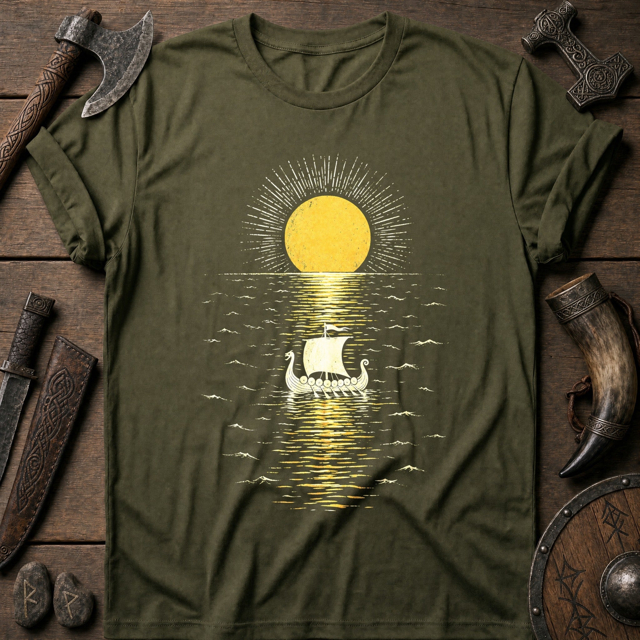 Midnight Sun Mirror Sea Viking T-Shirt US