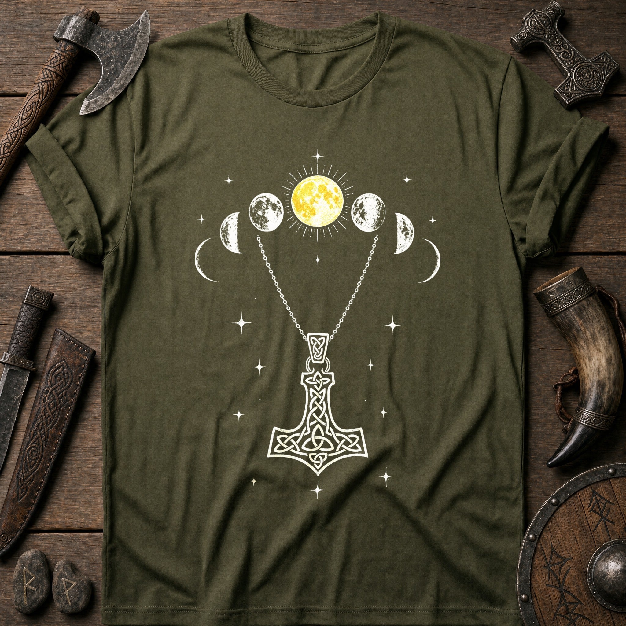 Moon Phases Over Mjolnir Viking T-Shirt US