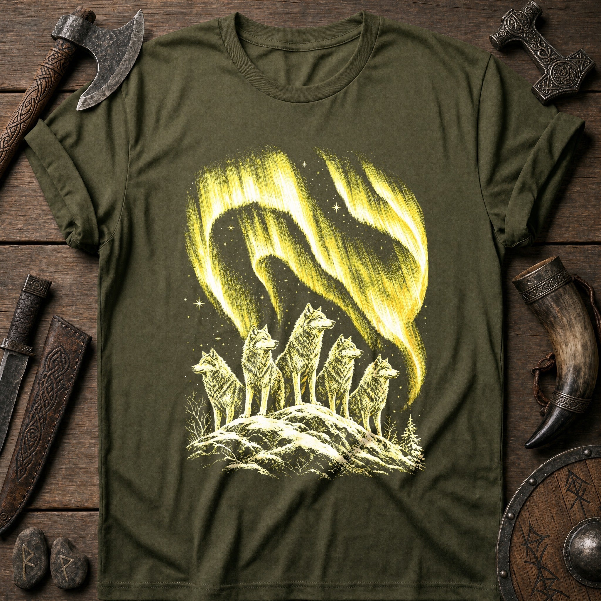 Wolfpack Under Amber Aurora Viking T-Shirt US