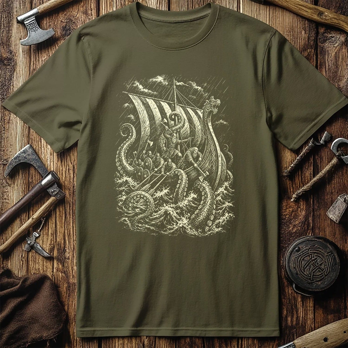 Kraken Takes The Longship Viking T-Shirt US