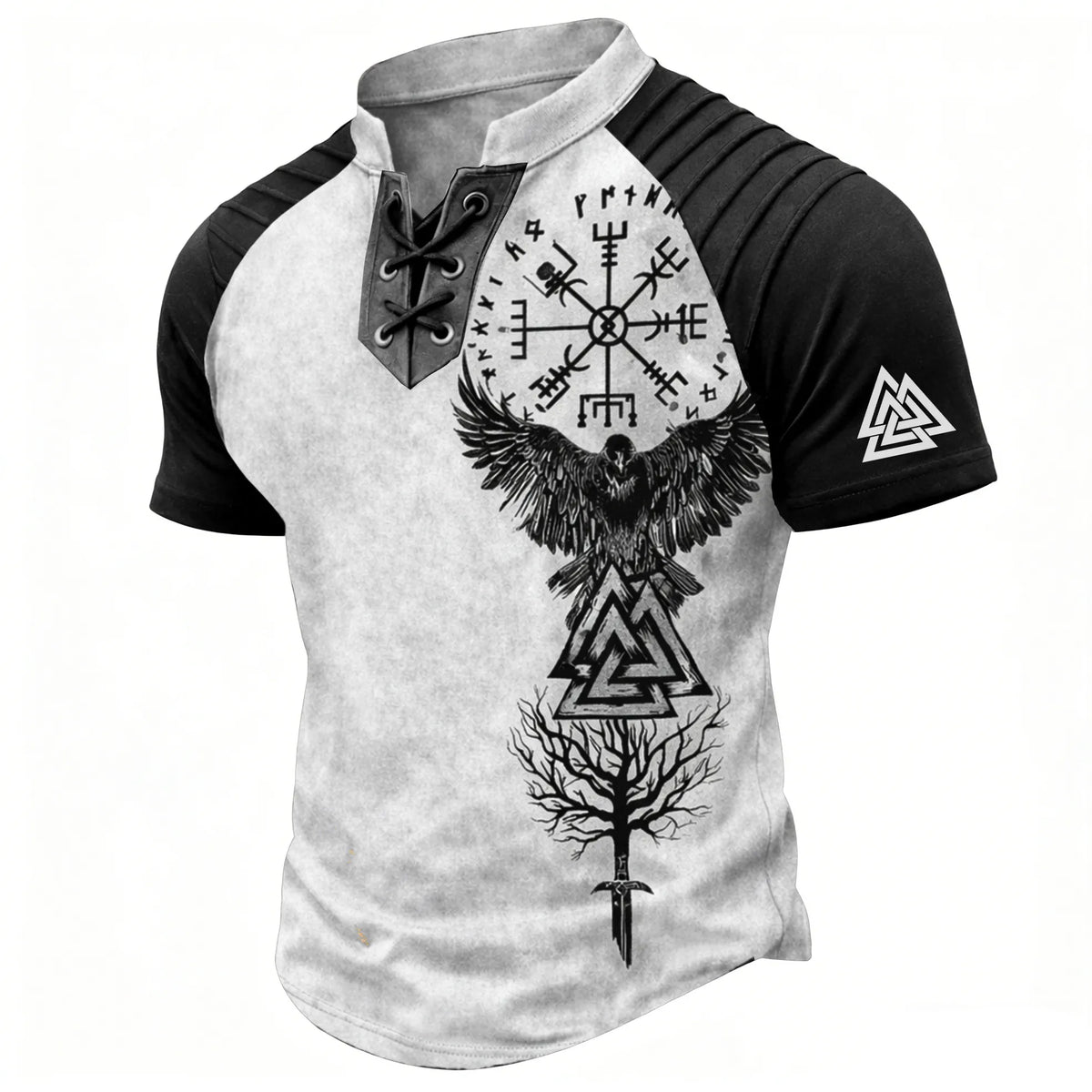 Men's Norse Viking Graphic Henley T-Shirt - Laced V-Neck Raglan Short Sleeve Black White