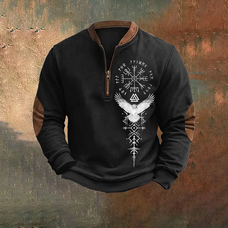 Men's Vintage Viking Print Zip-Up Collar Sweatshirt