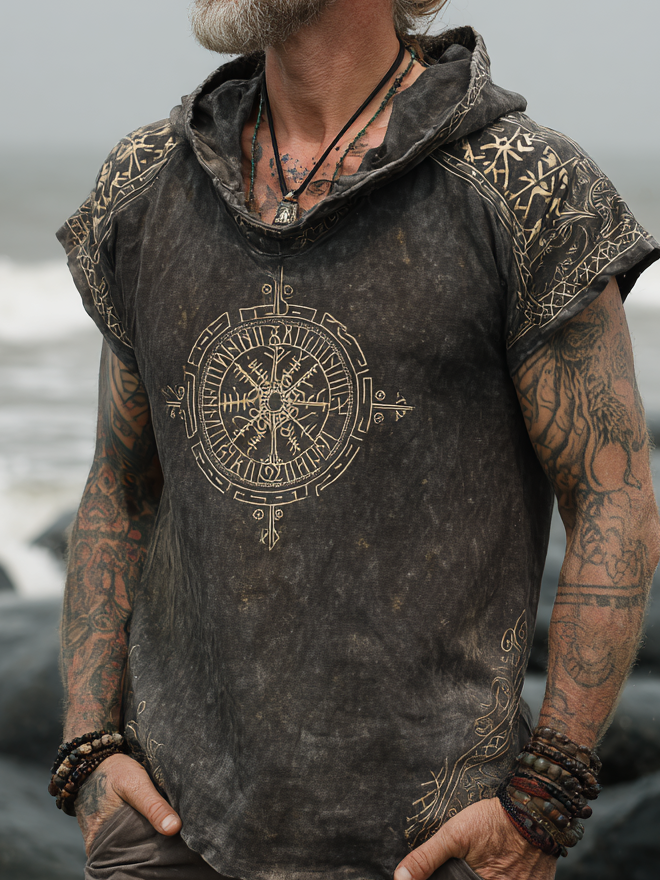 Men's Print Viking Compass Inspired Rune Celtic Knot Pattern Short Sleeve Hoodie