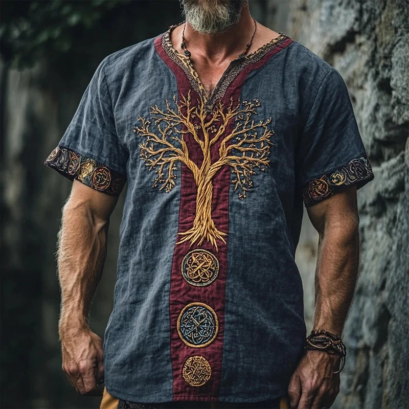 Men's Viking Tree Of Life Tribal Celtic Contrasting Colors Art Linen T-shirt