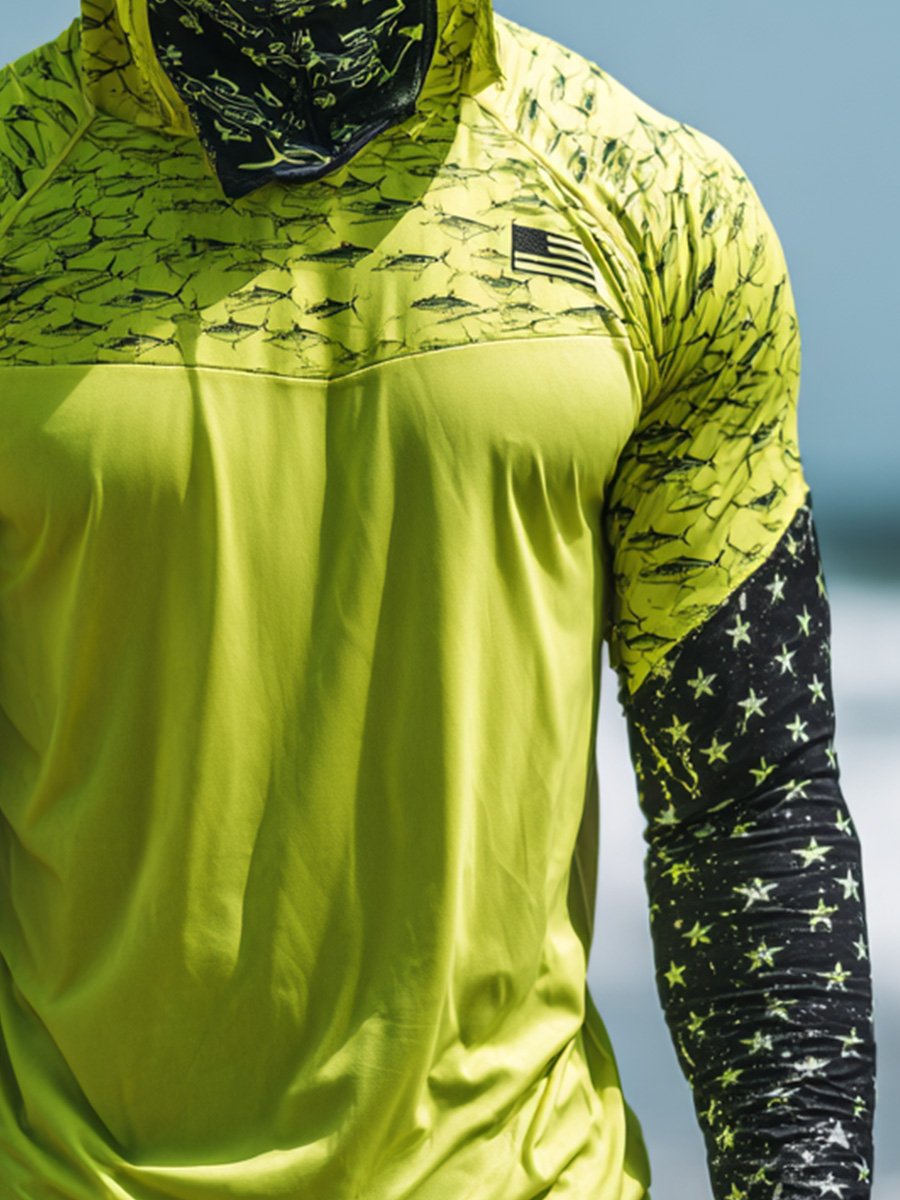Men's Outdoor Sun Protection Breathable Cool Face Mask Hooded Printed Long-Sleeved Top