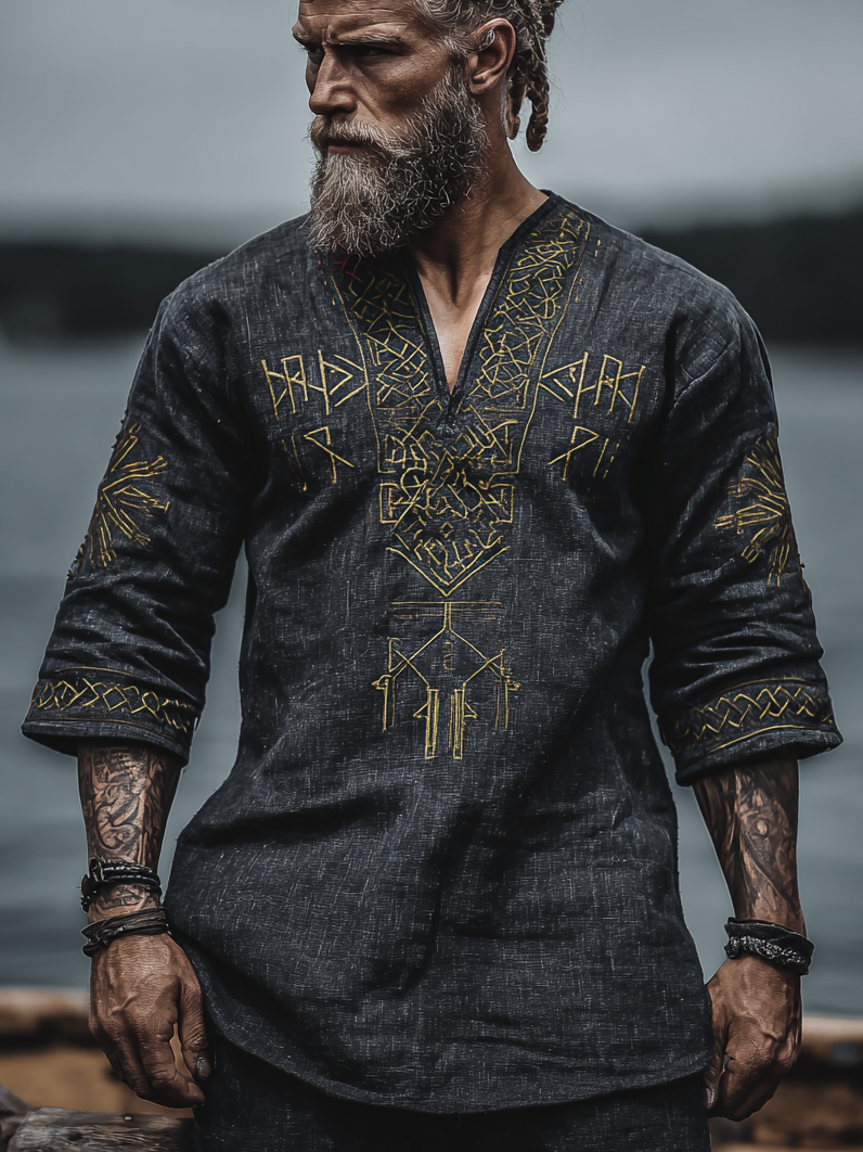 Men's Viking Occult Style Vintage Golden Rune Totem Long-Sleeve Linen T-shirt