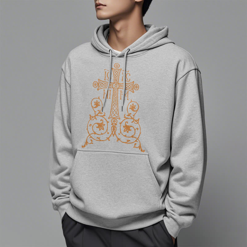 Classic Style Sacred Cross Emblem Floral Vines Fleece Lined Polyester Hoodie