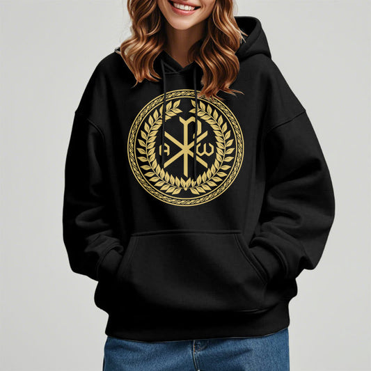 Classic Style Sacred Chi-rho Emblem Laurel Wreath Fleece Lined Polyester Hoodie
