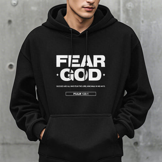 Classic Quotation Style Fear God Faith Blessed Fleece Lined Polyester Hoodie