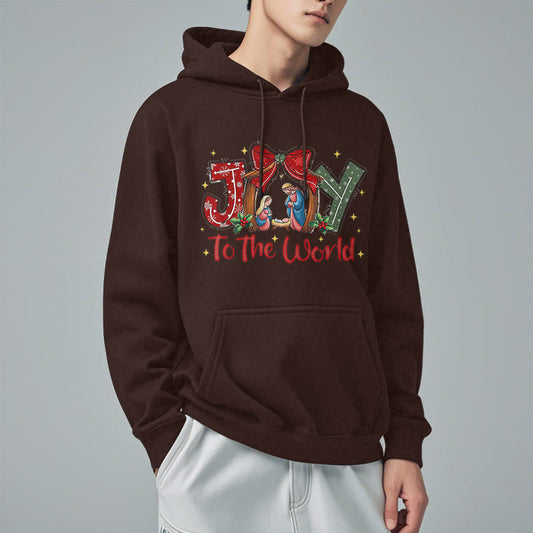 Colored Style Joy To The World Nativity Scene Fleece Lined Polyester Hoodie