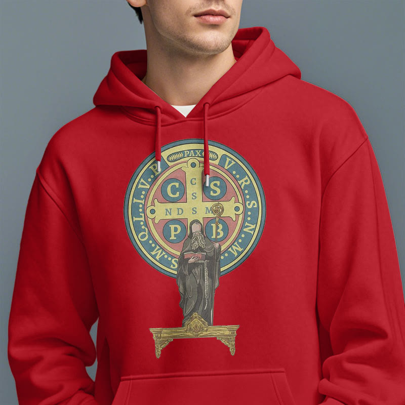 Classic Colored Style St. Benedict Medal Statue Fleece Lined Polyester Hoodie