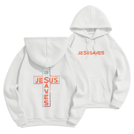 Jesus Saves Cross Graphic Faith Statement Fleece Lined Polyester Hoodie