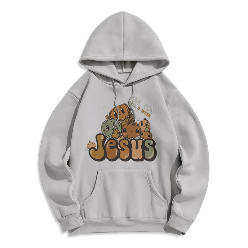 Whimsical Pumpkin Design with "Jesus" Print Fleece Lined Polyester Hoodie