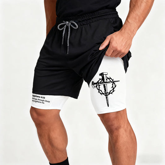 Christianartworkshop Philippians 4:13 Faith Performance Shorts with Nail & Crown Cross