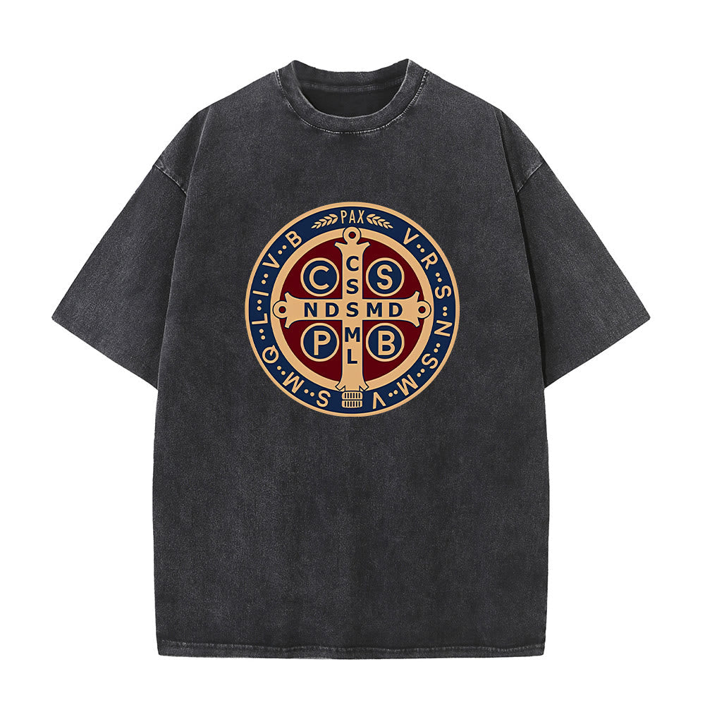 Christianartworkshop St. Benedict Medal Holy Cross Unisex Washed T-Shirt