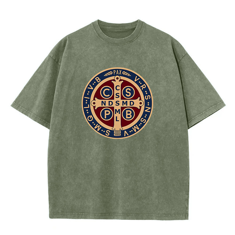Christianartworkshop St. Benedict Medal Holy Cross Unisex Washed T-Shirt