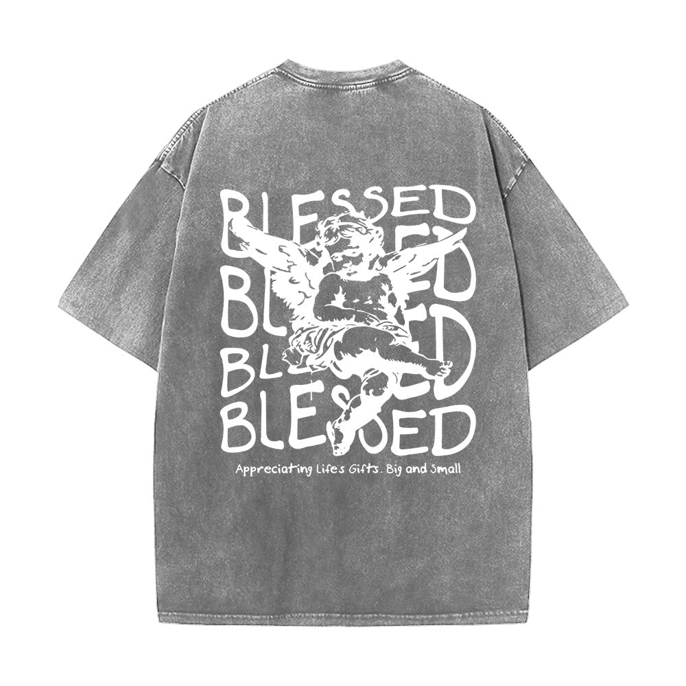 Christianartworkshop Inspired Blessed T-Shirt with Cherub Design Unisex Washed T-Shirt