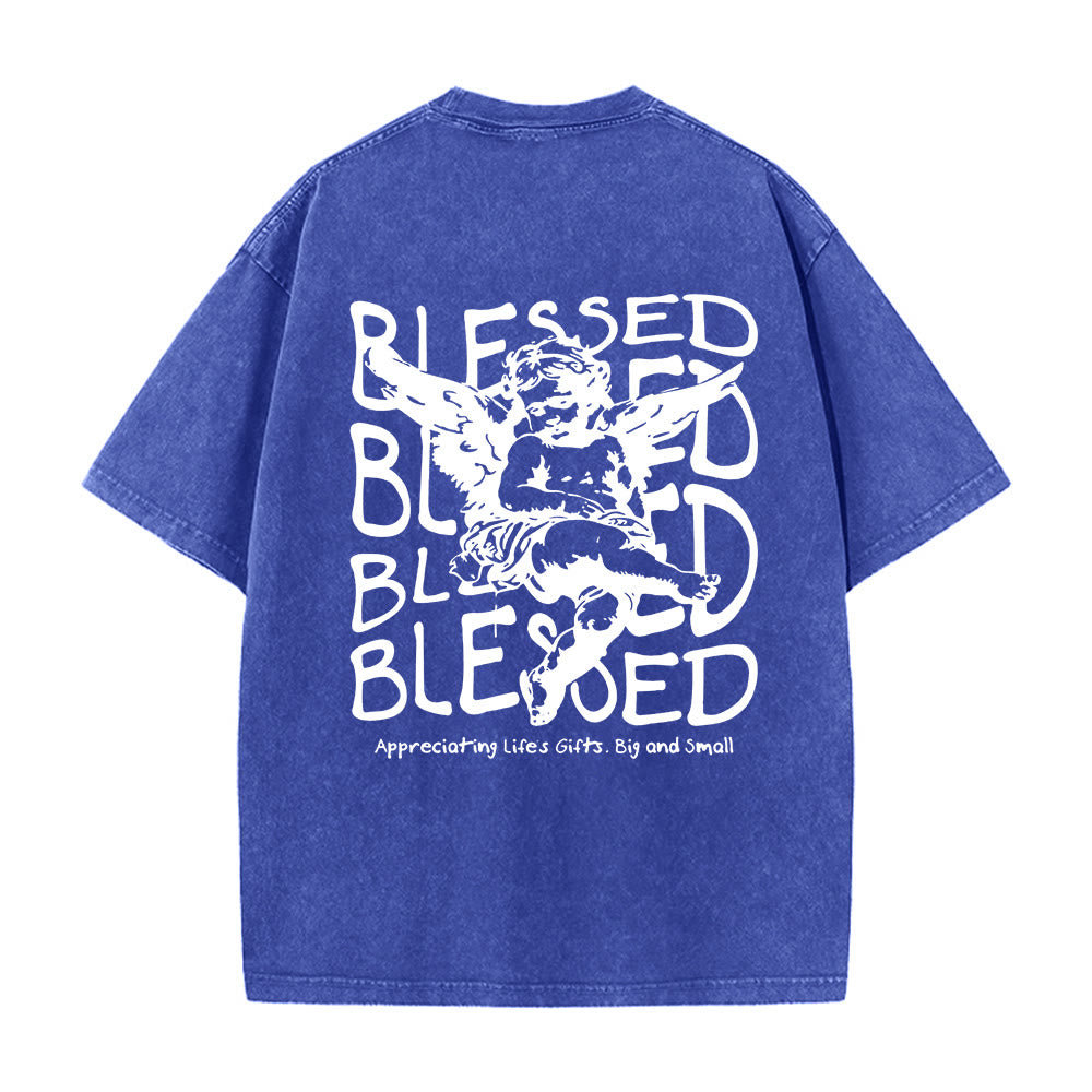 Christianartworkshop Inspired Blessed T-Shirt with Cherub Design Unisex Washed T-Shirt