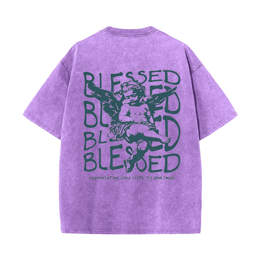 Christianartworkshop Inspired Blessed T-Shirt with Cherub Design Unisex Washed T-Shirt
