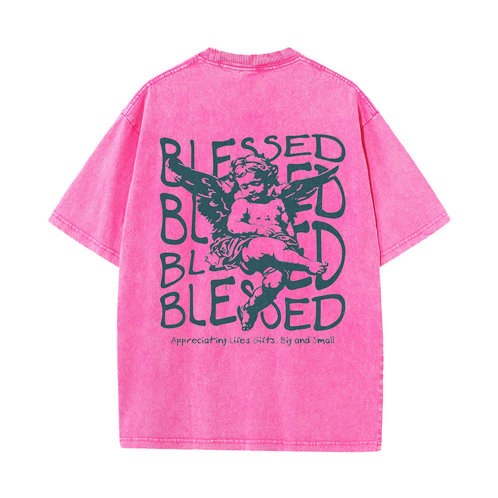 Christianartworkshop Inspired Blessed T-Shirt with Cherub Design Unisex Washed T-Shirt