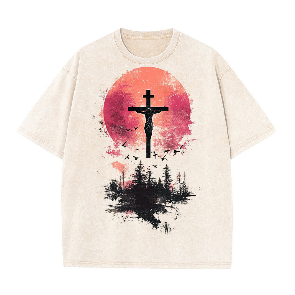 Christianartworkshop Divine Crucifix Over Nature Landscape Unisex Washed T-shirt